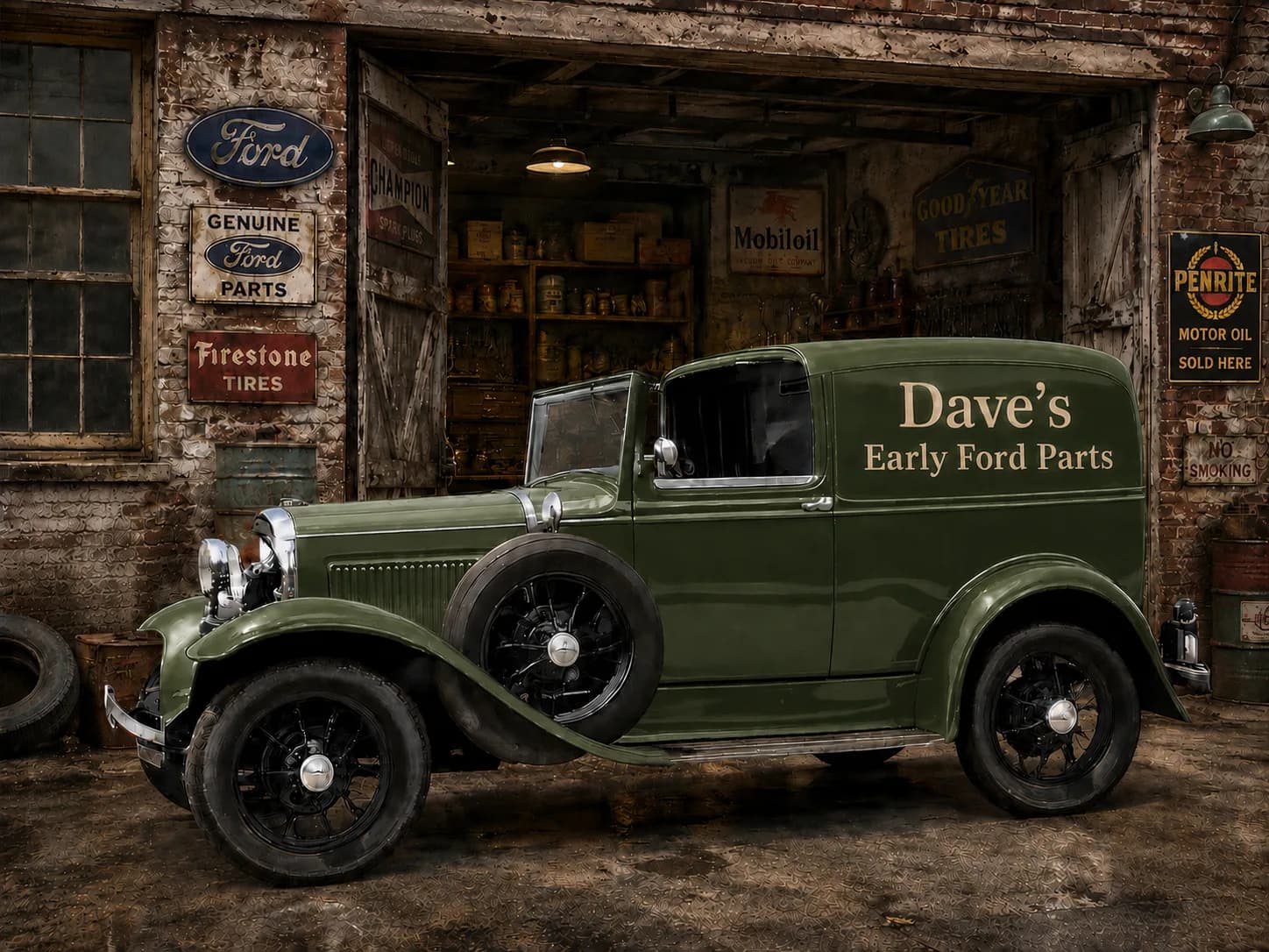 Dave's Early Ford Parts — Model A delivery van outside the workshop